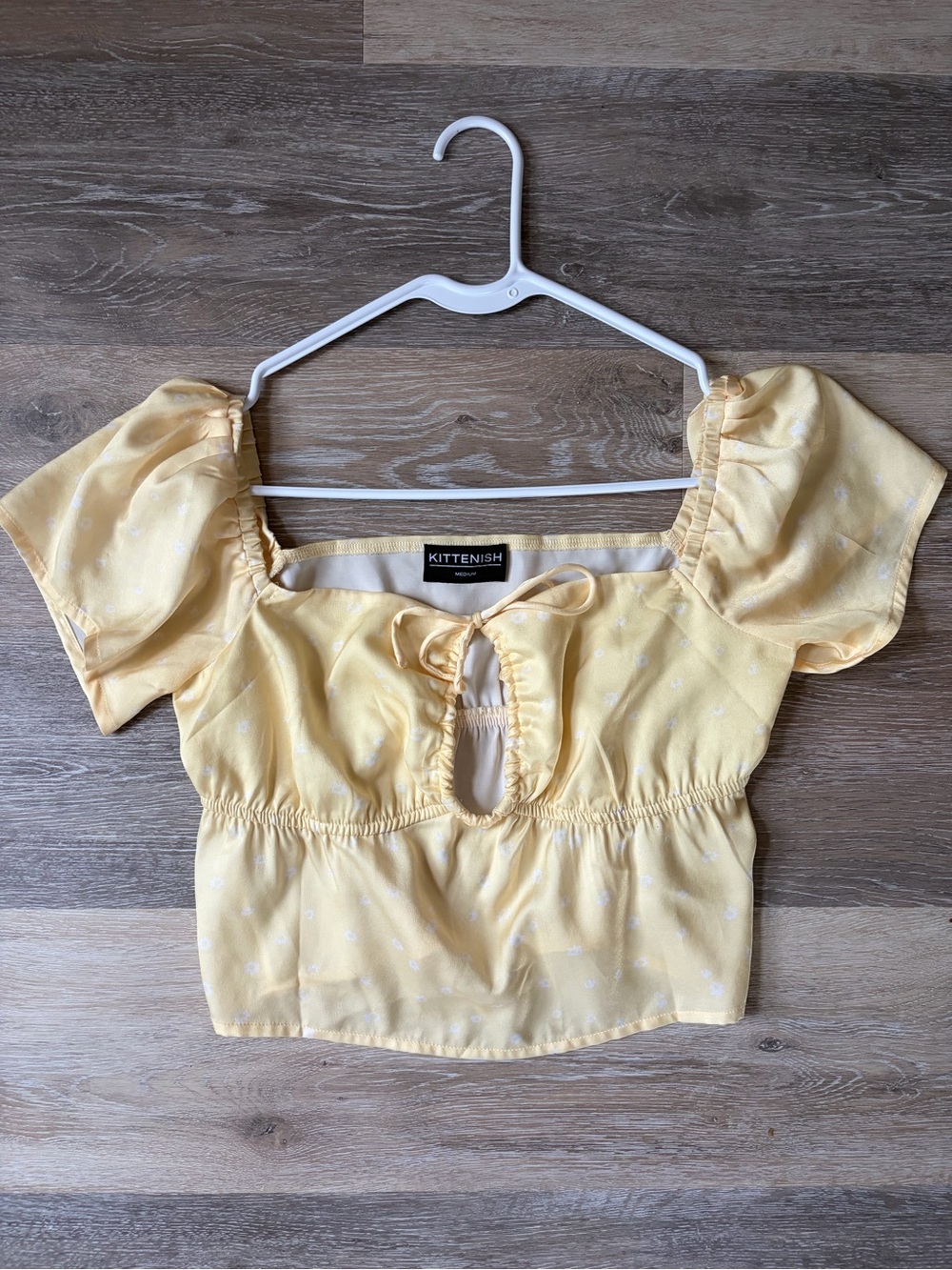 Kittenish Pale Yellow Puff Sleeve Tie-Front Crop Top